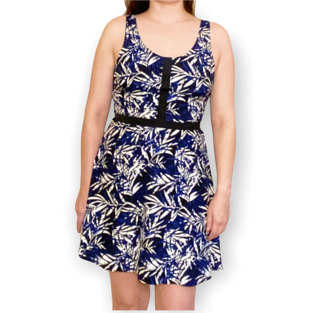 Anthropologie Elorie Silk Dress 12 Blue Tropical Leaf Print